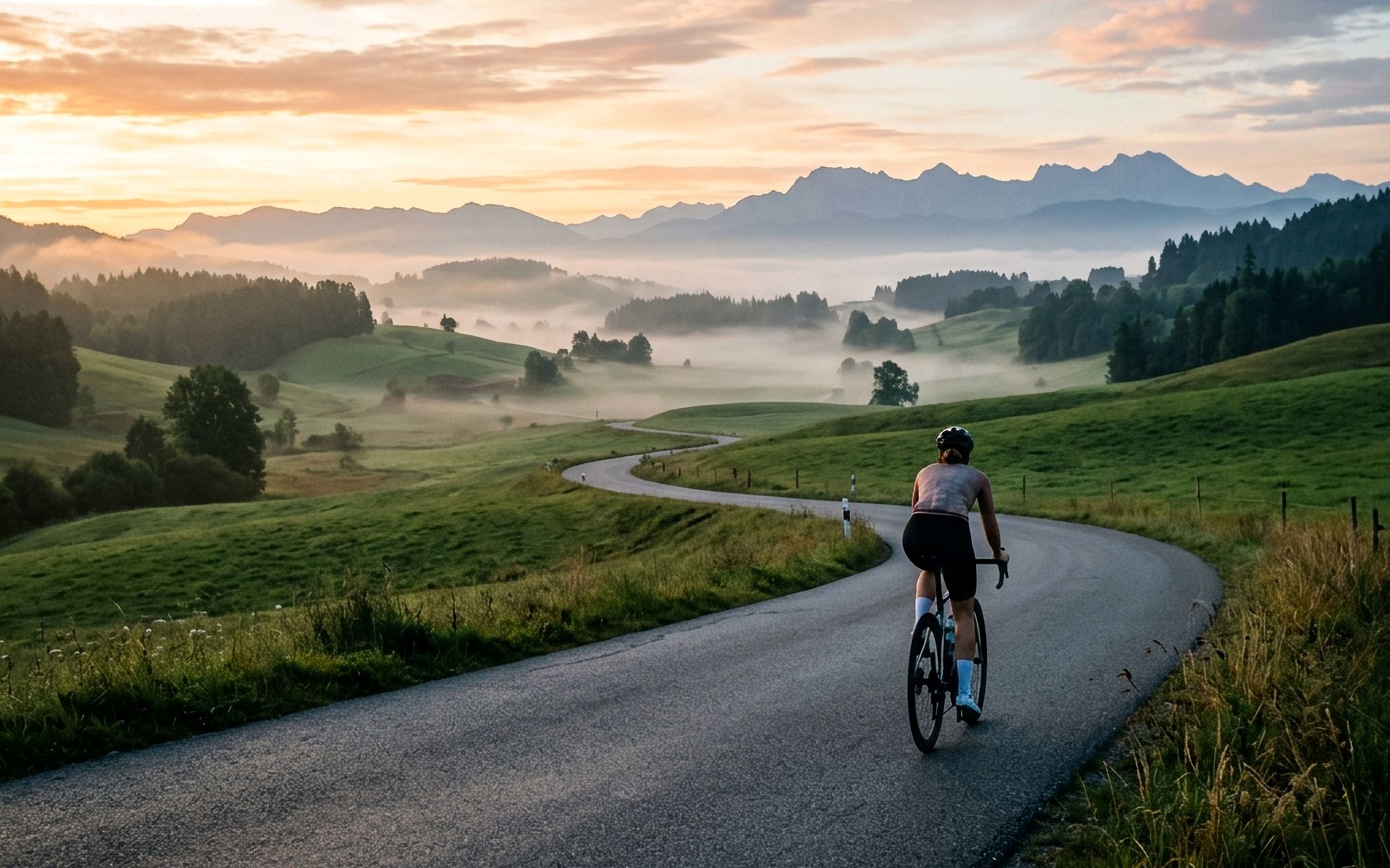 Rennradfahrerin auf einer stillen Straße durch das morgendliche Allgäu, Alpen im Sonnenaufgang